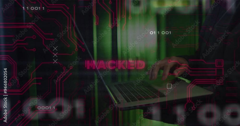 Poster typing on laptop, person over hacked text and circuit board animation