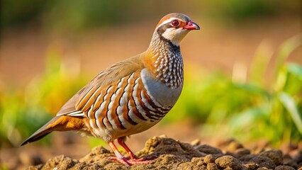 Fototapeta premium A field of tall grasses sways gently in the breeze, while a French partridge's plump body and delicate