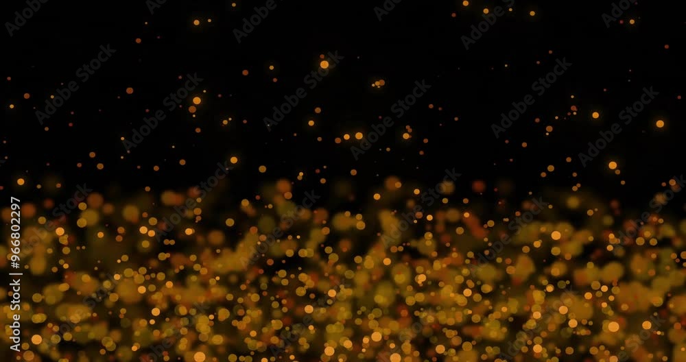Poster golden particles floating and glowing over dark background, creating magical animation