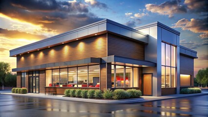 Obraz premium A futuristic fast food joint stands tall, its walls of gleaming metal and glass illuminated by a dazzling