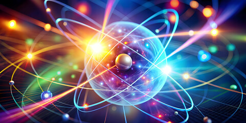 Obraz premium Atomic Energy: A mesmerizing abstract representation of an atom with colorful, luminous electrons orbiting a glowing nucleus. This captivating image evokes a sense of wonder and awe