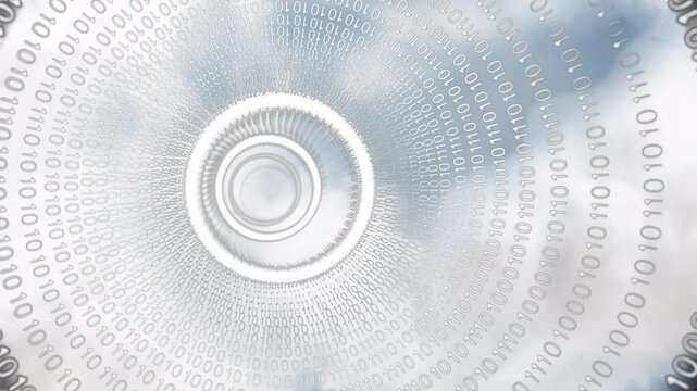 Binary code animation forming vortex pattern over cloudy sky background