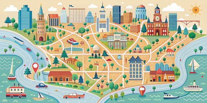 Colorful illustration of a state map highlighting a prominent city with vibrant roads, rivers, and icons, surrounded by subtle texture and pastel hues.