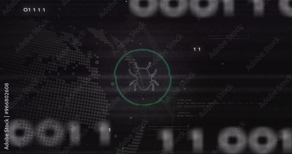 Poster bug icon and binary code animation over digital world map background