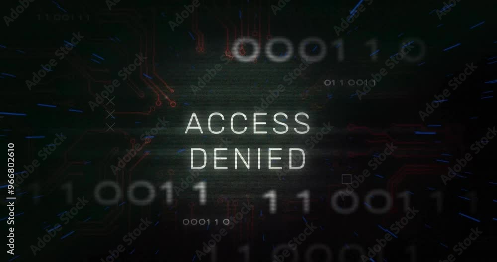 Poster Access denied text over binary code and circuit board animation
