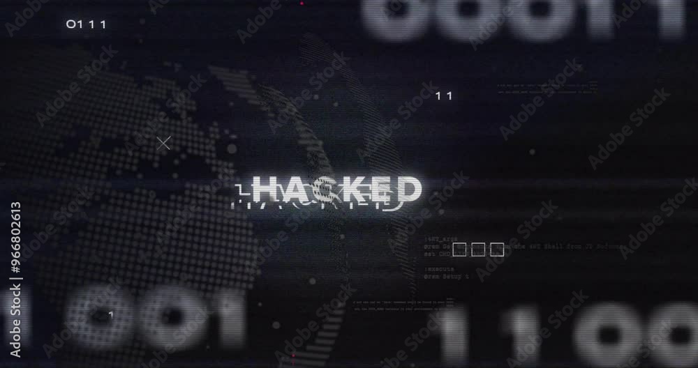 Poster hacked text over digital world map and binary code animation