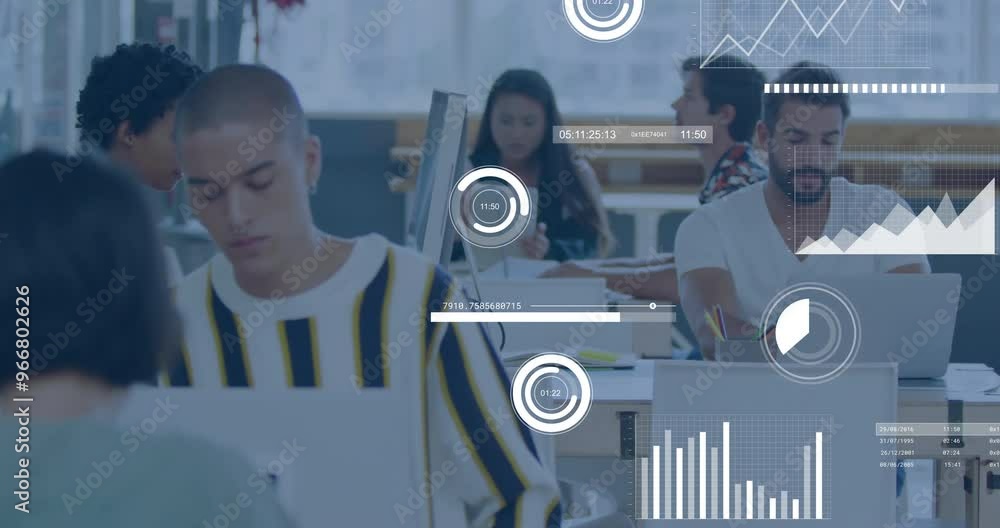 Poster data analytics and graphs animation over diverse people working in modern office