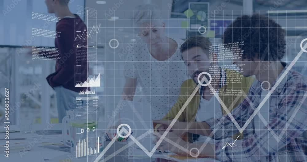 Poster analyzing data and graphs animation over diverse team collaborating in office
