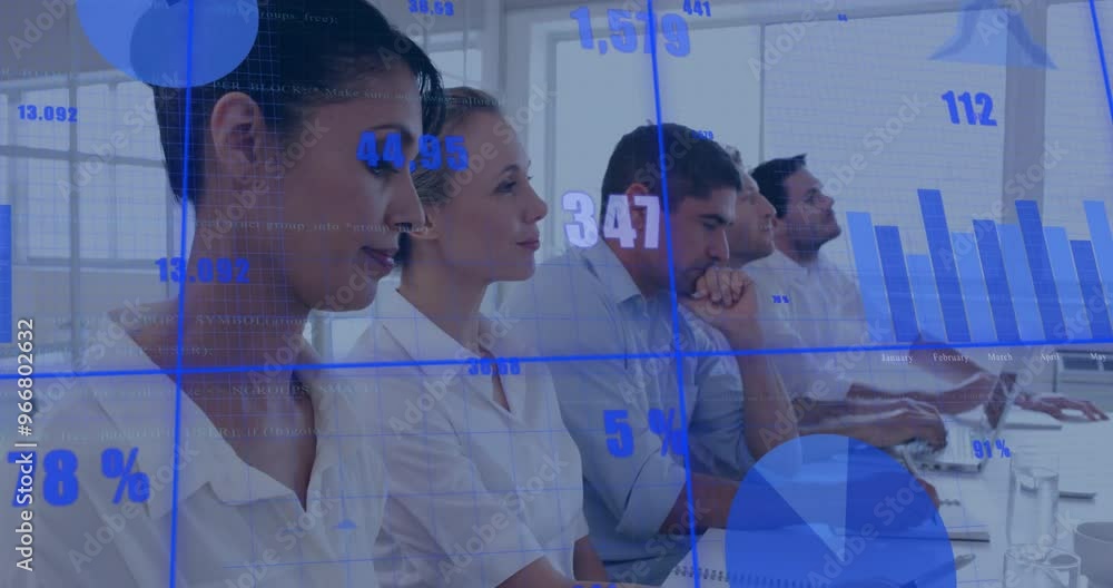 Poster business team in office with financial data and graphs animation over them