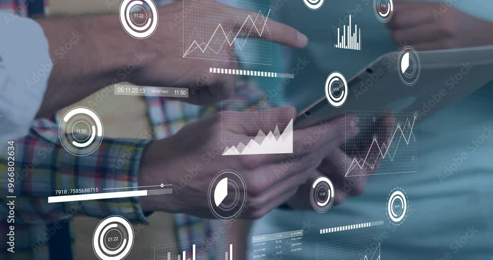 Poster analyzing data on tablet, business people with charts and graphs animation