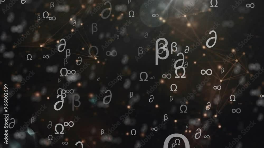 Poster greek letters and mathematical symbols animation over dark background with connecting lines