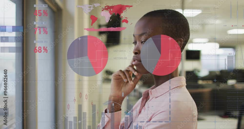 Poster businesswoman analyzing data charts and graphs, financial data processing animation