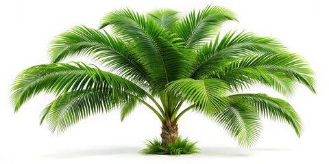 Fototapeta premium Against a pure white background, a stately palm tree flaunts its curving trunk and vibrant green fronds, which