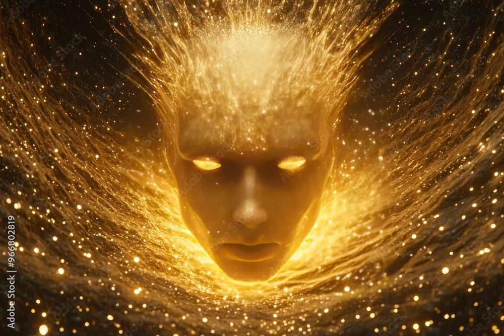Poster neurogenesis data mining and deep brain stimulation golden face radiating particles representing cos