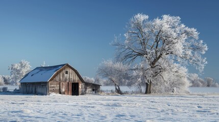 Farm barn in a cold winter landscape with snow and frost