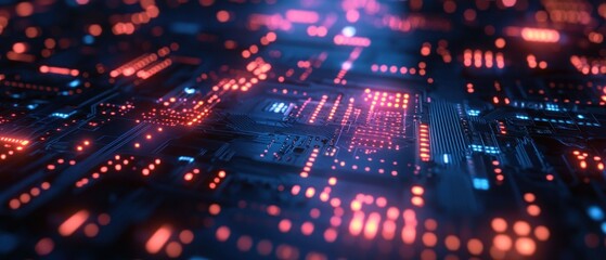 Obraz premium Illuminated Circuit Board with Red and Blue Lights