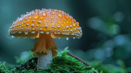 A single, vibrant orange mushroom with white spots and water droplets sits on a bed of moss.