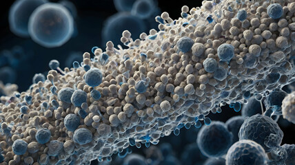 Microscopic Invasion: A 3D render of a chain of bacteria or viruses, potentially representing disease, infection, or the microbiome. 