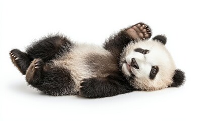 Obraz premium Photo of a panda, floating in mid-air on isolated white background, no shadow, high resolution photo with rich details and sharp focus