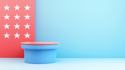A vibrant podium against a colorful backdrop featuring red and blue tones with stars, ideal for presentations and celebrations.
