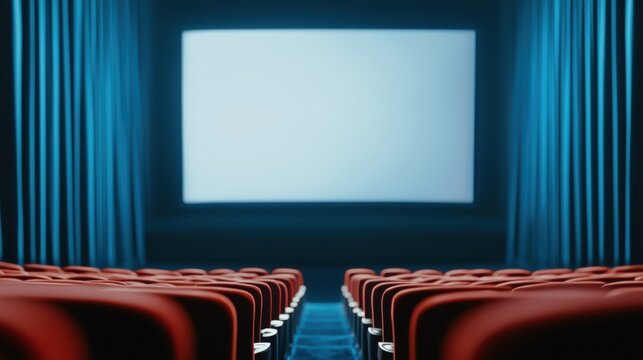 An empty cinema hall featuring red seats and a blank screen, capturing the anticipation of a movie experience.
