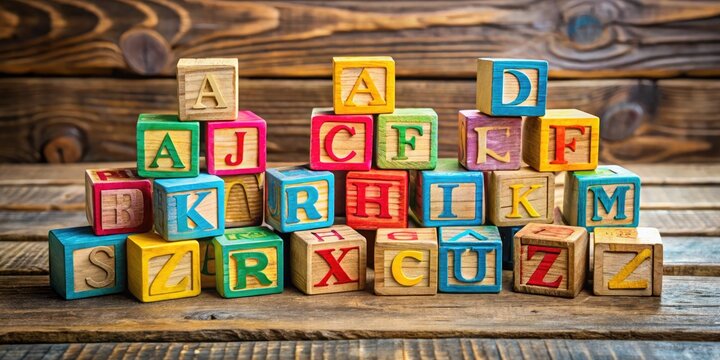 Colorful wooden alphabet blocks with bold, serif, and cursive fonts on a rustic wooden background, forming a whimsical and educational visual treat.
