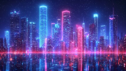 Neon City Skyline with Holographic Tour Guide in Anime Style