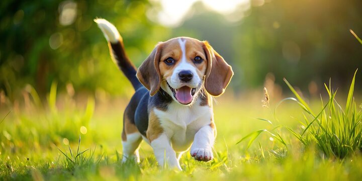 A lively beagle puppy frolics across the lush grassy field, its tail wagging wildly as it investigates every