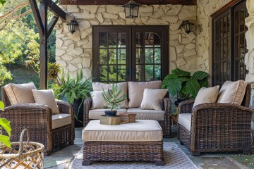 Outdoor Patio Furniture Set with Two Armchairs, Ottoman, and Three-Seater Sofa in Brown Wicker with Beige Cushions