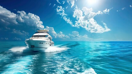 A white yacht cruises through the crystal clear blue water of the ocean under a sunny sky.