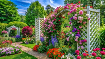 Fototapeta premium A lush tapestry of flowers and foliage enlivens an elegant trellis, cultivating a tranquil ambiance that unfolds like