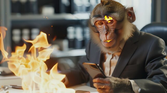A monkey in a suit sits at a desk with a phone in his hand, with flames engulfing the desk around him.