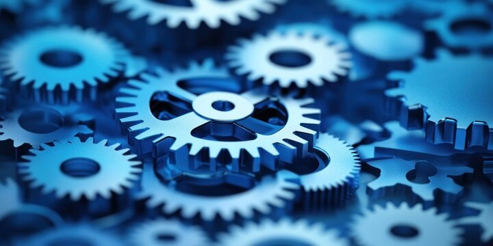 Close-up of Interlocking Blue Metal Gears
