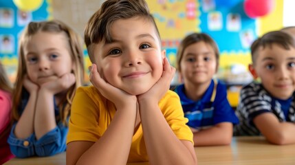 Obraz premium Bright and cheerful classroom setting with primary students engaging in emotional learning activities, displaying a range of expressions from joy to contemplation. Copy space for text