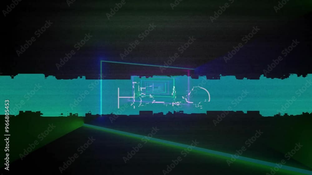 Poster animation of interference over hello text and neon shapes on black background