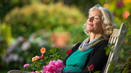 Middle-aged woman enjoying a quiet moment in a beautifully landscaped garden, sitting on a wooden bench surrounded by blooming flowers and greenery, her face relaxed and serene, copy space for text