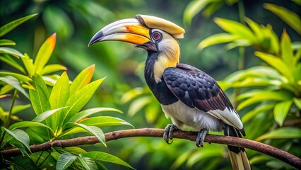 A majestic Hornbill bird with striking black and white plumage, distinctive casque and intense gaze surveys its