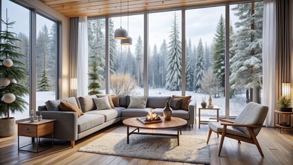 Fototapeta premium Cozy modern Finnish living room with Nordic-inspired wooden accents, minimalist decor, and large windows showcasing a serene winter forest landscape outside.