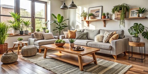 Cozy modern living room with neutral sofa, wooden coffee table, and potted plants, showcasing eclectic DIY interior design ideas with a mix of textures and patterns.