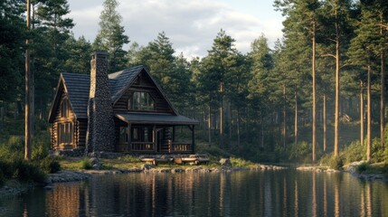 Fototapeta premium Log Cabin by the Lake in a Lush Forest