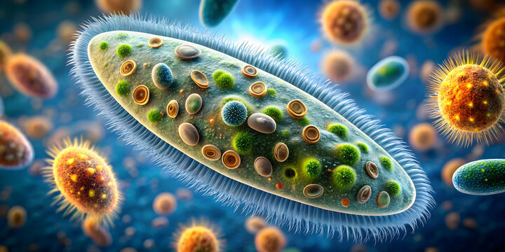 Microscopic Universe: A vibrant paramecium dominates, cilia aglow, in a bustling microscopic ecosystem. 