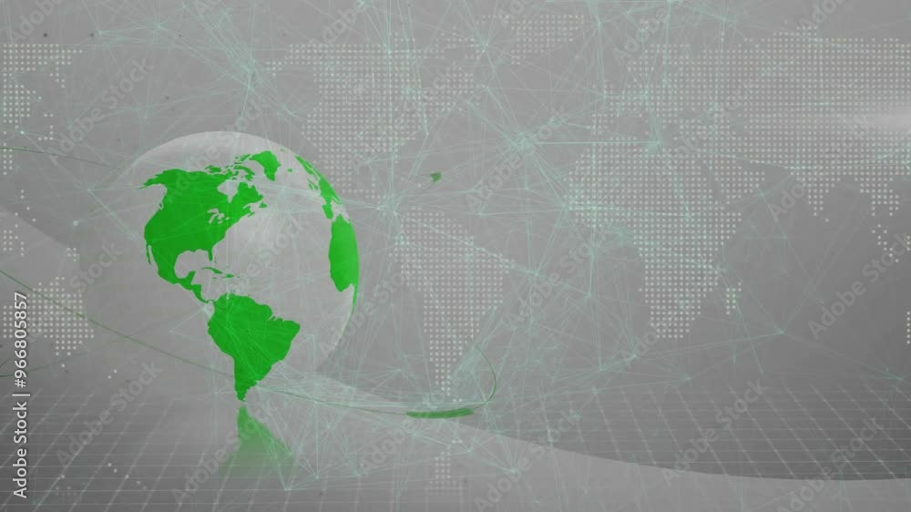 Poster animation of globe and world map over network of connections on grey background
