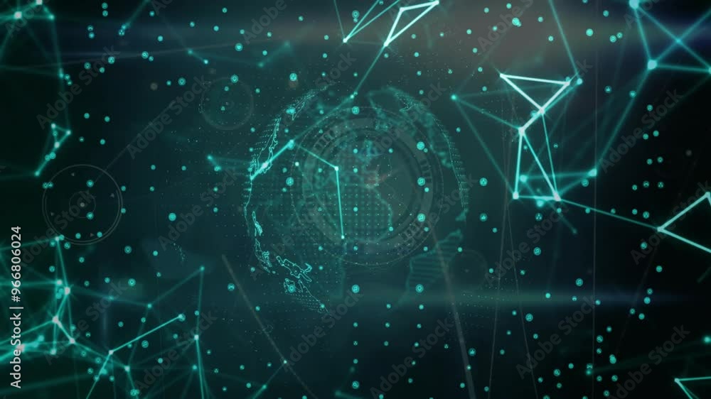 Poster animation of network of connections over globe and clock on black background