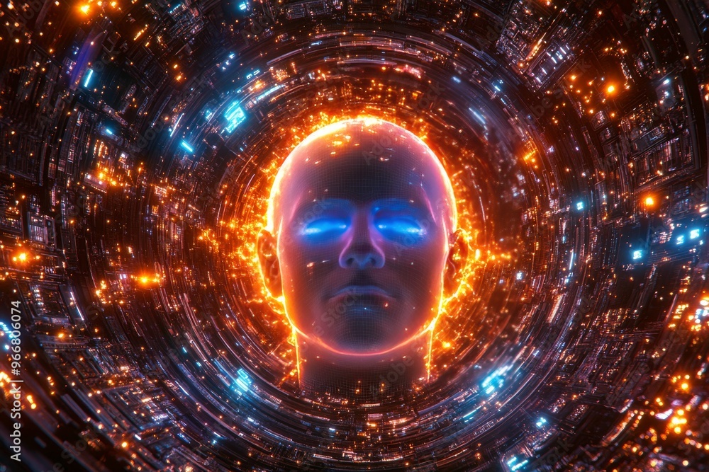 Poster neuroinformatic cognitive load and neural plasticity glowing human face surrounded by swirling light