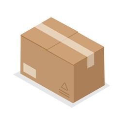 Isometric cardboard box. Carton closed package. Transportation, and distribution. Warehouse and storage. Template and layout. 3D vector illustration