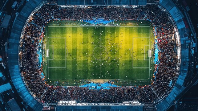 An overhead drone shot of a football match in progress, showing the entire field, players in motion, and the crowd in the stands, high resolution