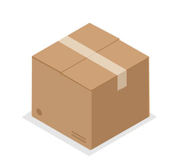 Isometric cardboard box. Carton closed package. Transportation, and distribution. Warehouse and storage. Poster or banner for website. 3D vector illustration