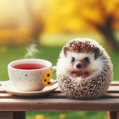 Cute hedgehog and a cup of tea.