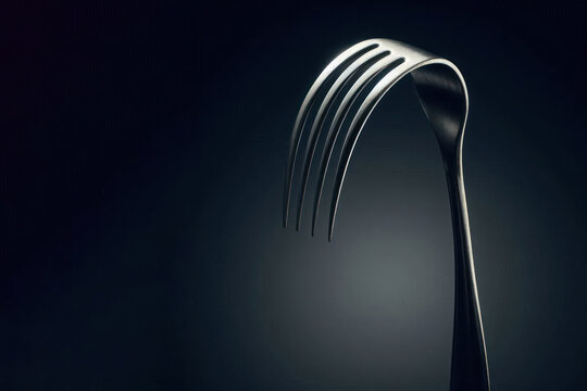 Metal fork with curved teeth. Space for text.