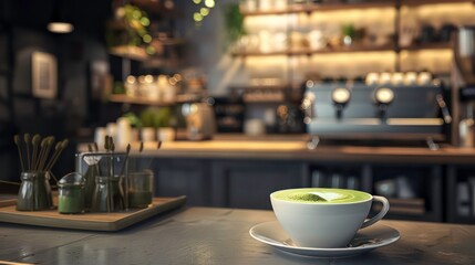 A cup of matcha latte on a counter in a modern cafe with a blurred background of the bar and coffee machine.